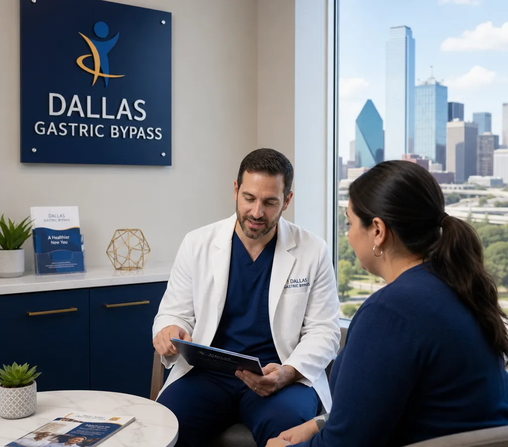 A gastroenterologist in a Dallas clinic reviewing a patient chart and discussing digestive symptoms