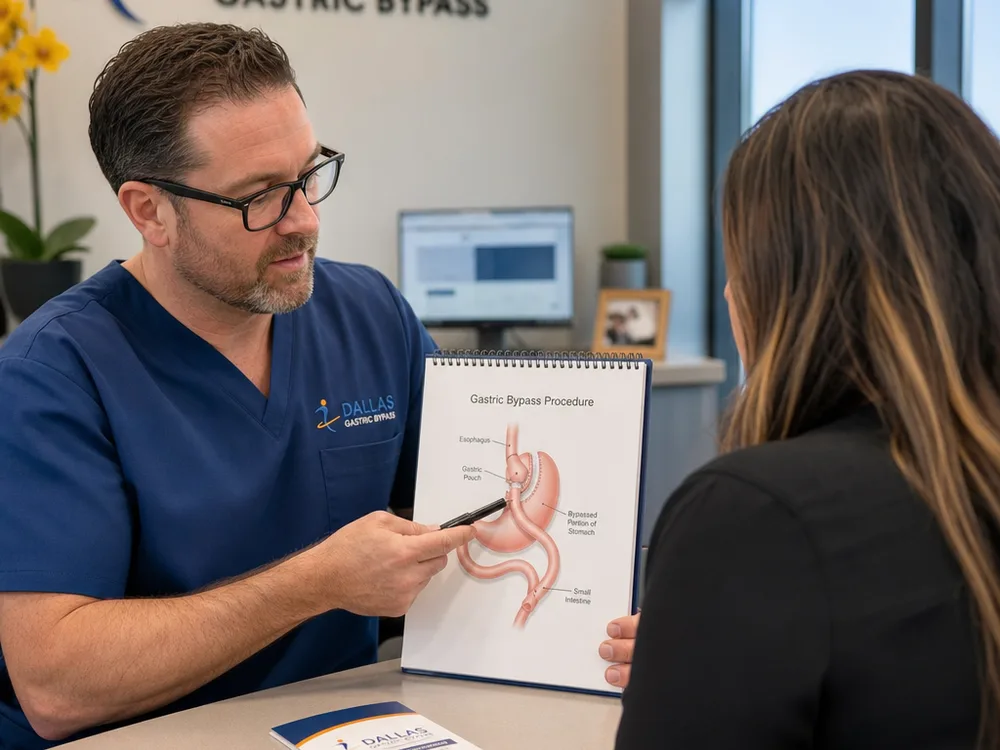 A clinician explaining a gastroenterology workup using a digestive tract diagram
