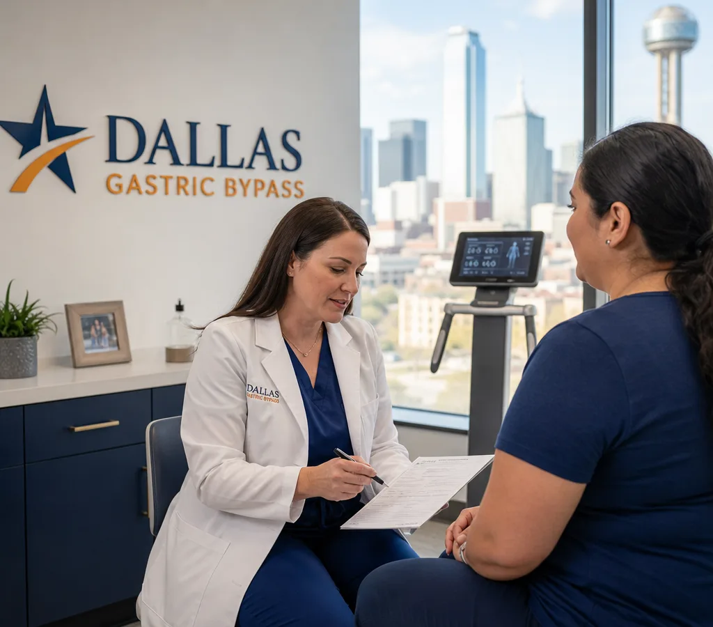 Clinician in a modern Dallas clinic reviewing a patient intake form and body composition information