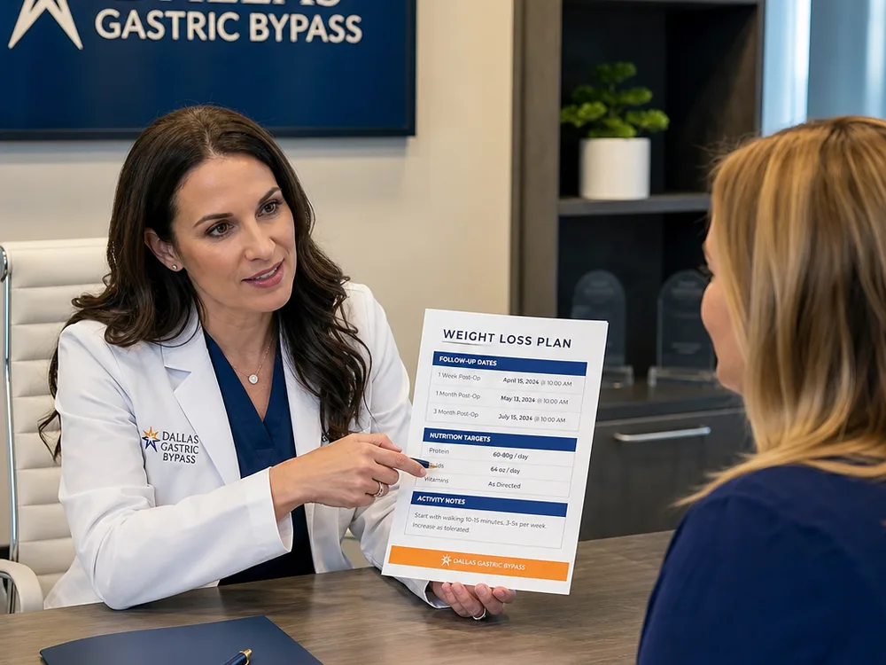 Clinician and patient reviewing nutrition targets, activity notes, and follow-up dates
