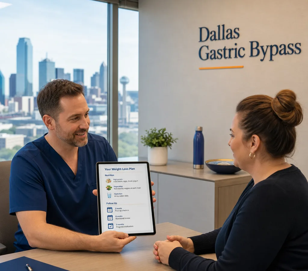 Clinician and adult patient reviewing a weight-loss plan on a tablet in a modern Dallas medical office