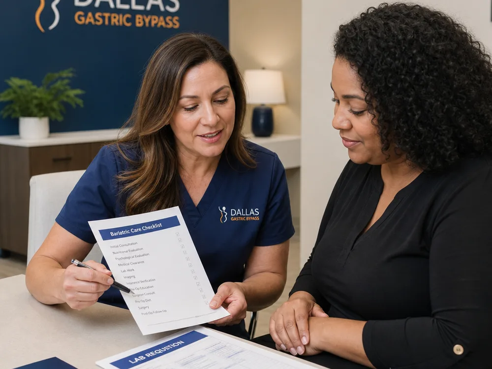 Clinician reviewing a bariatric care checklist and lab requisition with a patient