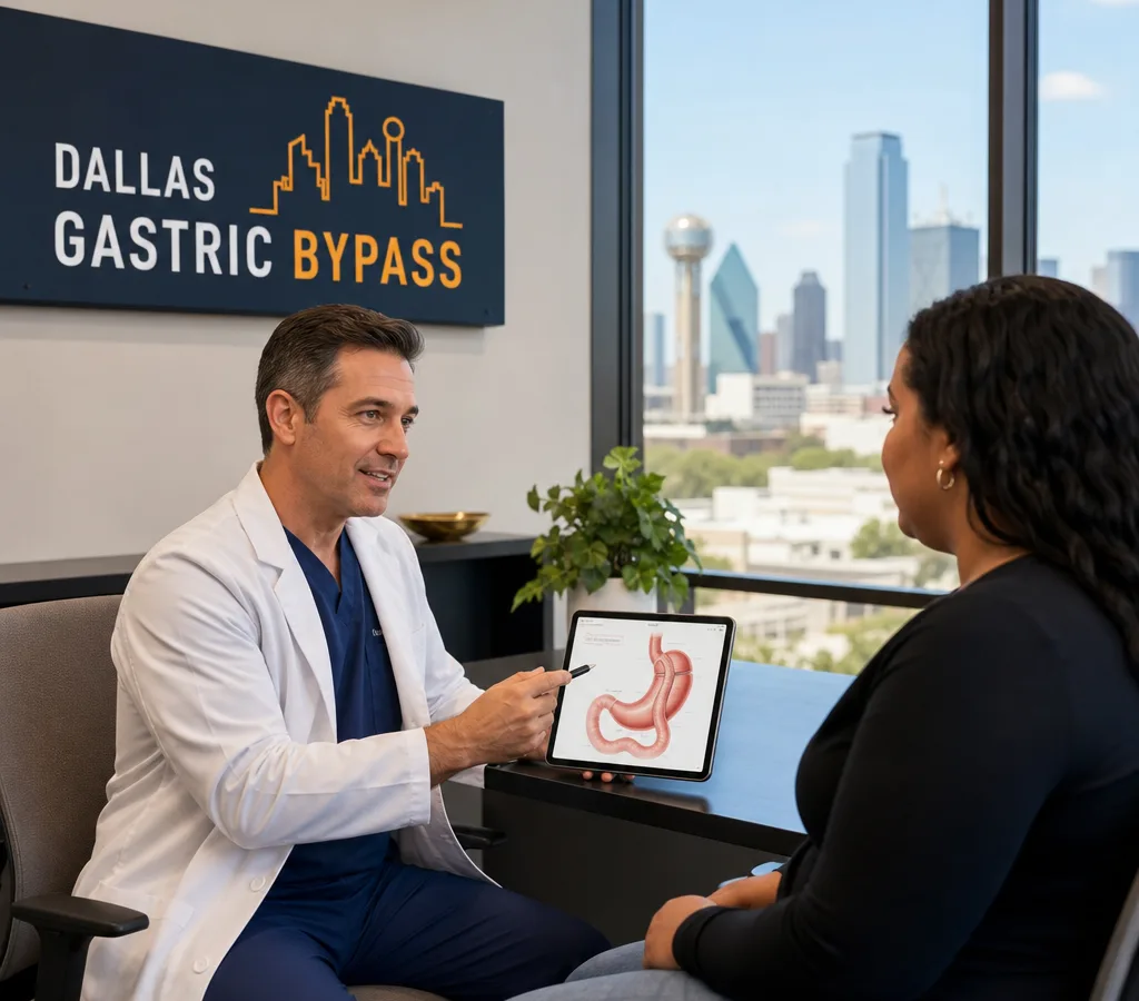 Bariatric surgeon consulting with an adult patient using a tablet in a modern Dallas medical office