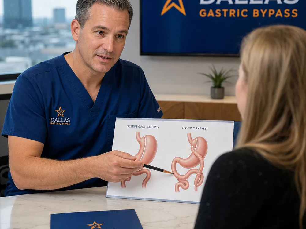 Bariatric surgeon explaining sleeve gastrectomy and gastric bypass with a simple anatomical diagram