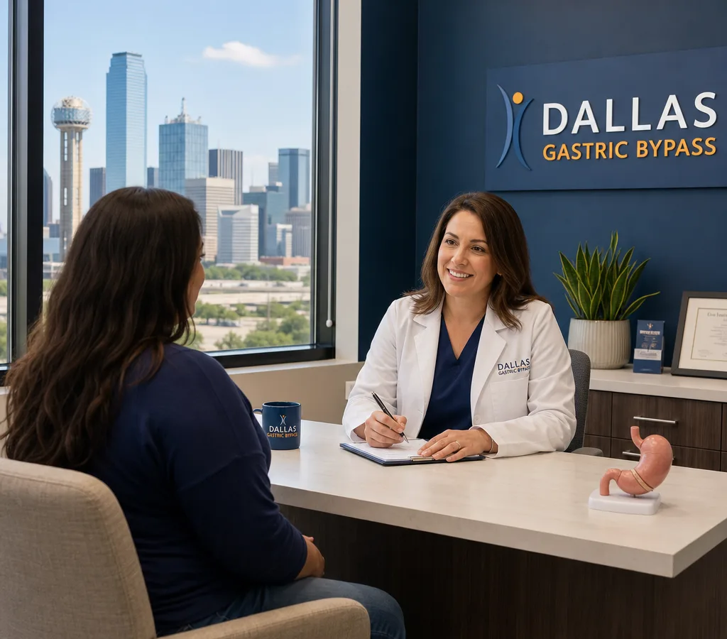 Physician speaking with an adult woman during a private weight loss consultation in a welcoming Dallas clinic