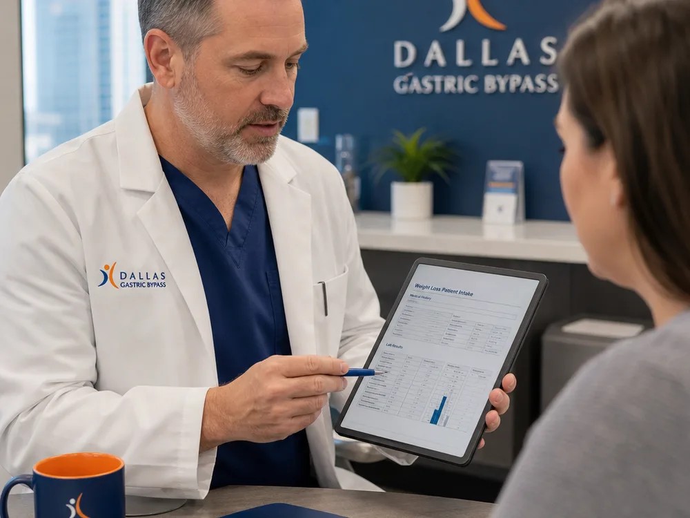 Clinician reviewing a patient intake form and lab results during a thorough weight loss evaluation